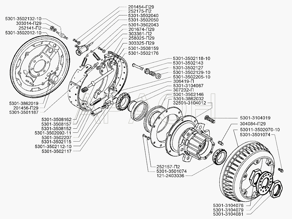 Тормозной механизм и ступица заднего колеса (с автоматическим регулятором зазора) ЗИЛ-5301 (2006)